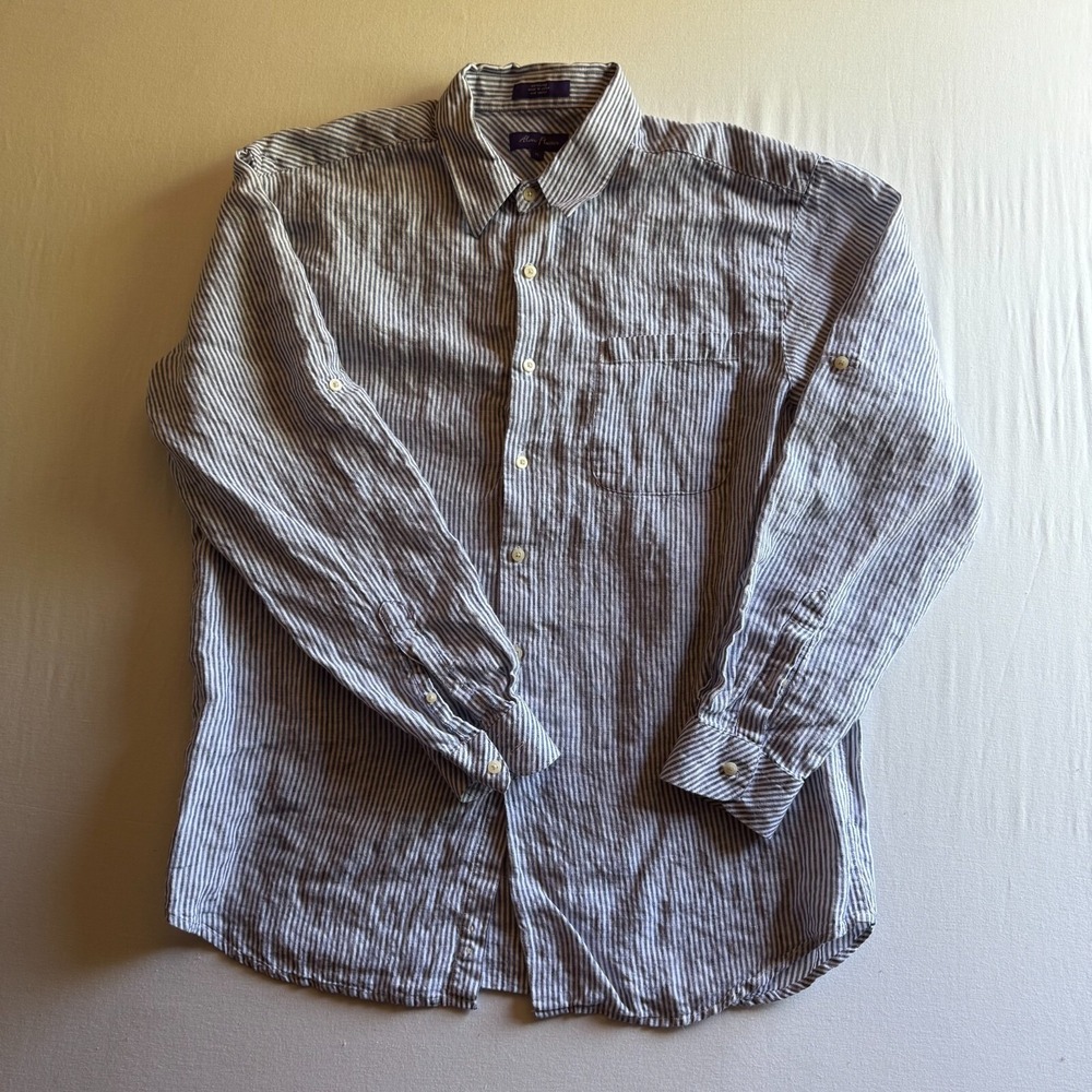ALAN FLUSSER Shirt Seersucker Linen Mens XL Blue White Stripe Yacht Style